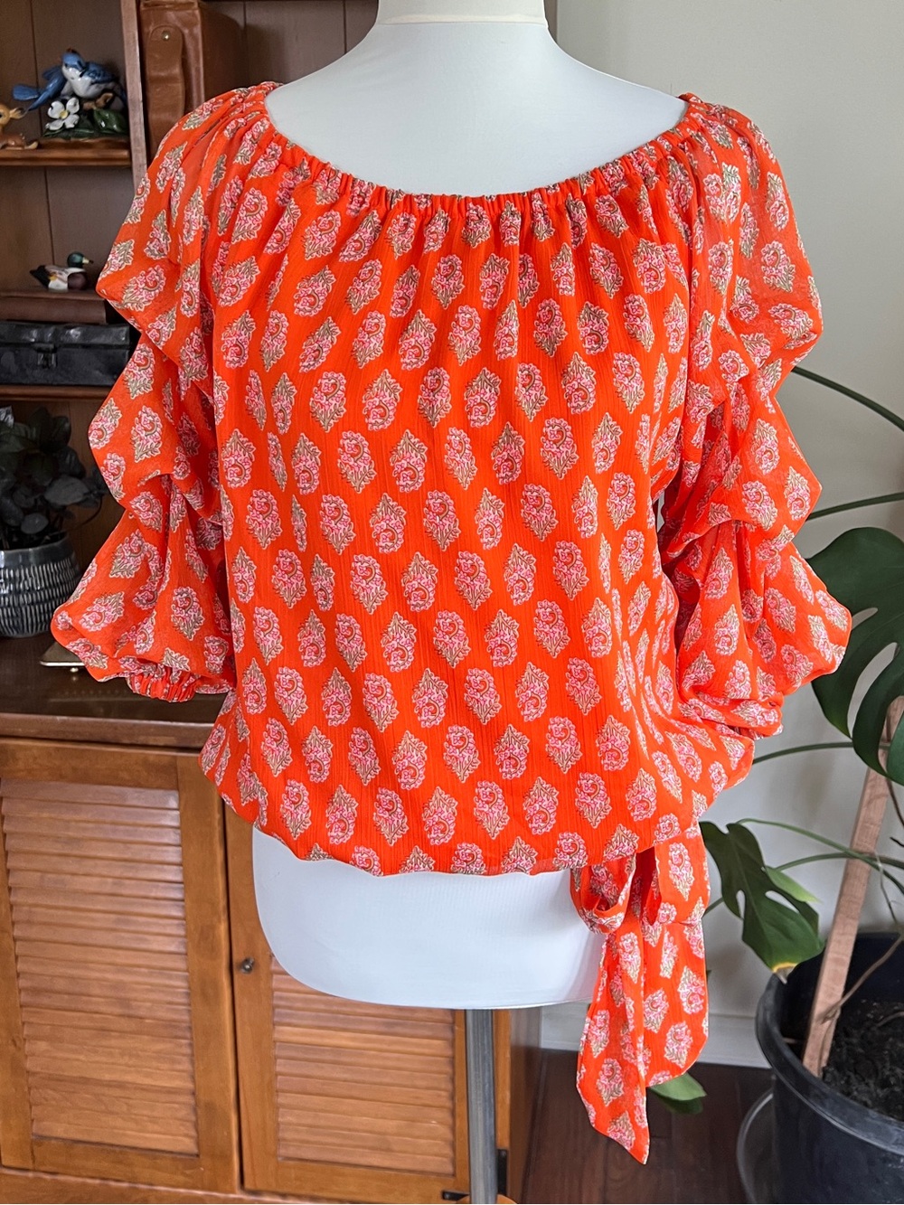 CeCe Boutique Orange Print On/Off-Shoulder Tie-Hem Bubble Sleeve Blouse S